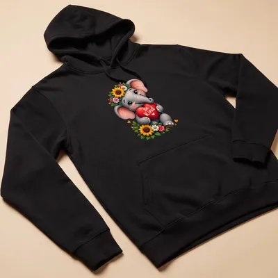 Kawaii style print of a baby elephant holding a heart with the text Be Kind — printed on a unisex hoodie
