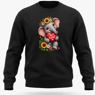 Kawaii style print of a baby elephant holding a heart with the text Be Kind — printed on a unisex sweatshirt