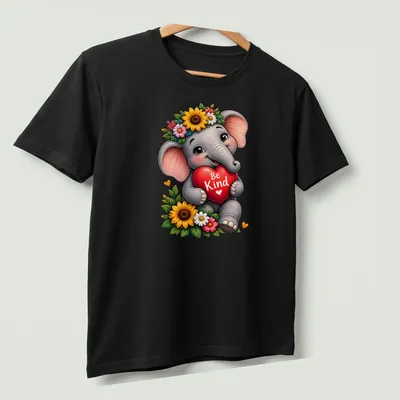 Kawaii style print of a baby elephant holding a heart with the text Be Kind — printed on a unisex t-shirt (angled view)