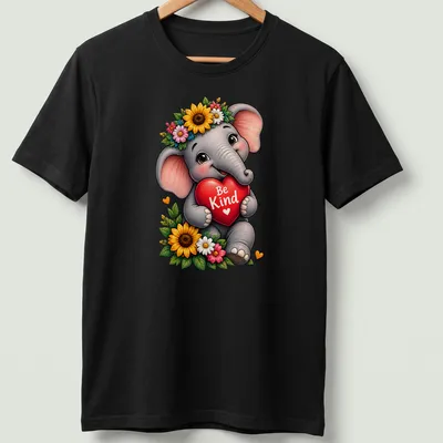 Kawaii style print of a baby elephant holding a heart with the text Be Kind