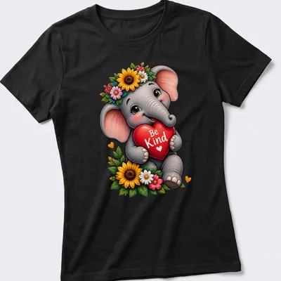 Kawaii style print of a baby elephant holding a heart with the text Be Kind — printed on a women's shirt