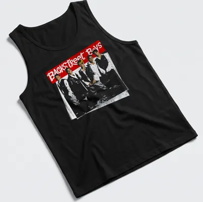 Retro t-shirt featuring Backstreet Boys text in red and white colors — printed on a tank top