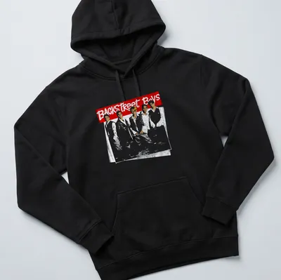 Retro t-shirt featuring Backstreet Boys text in red and white colors — printed on a unisex hoodie