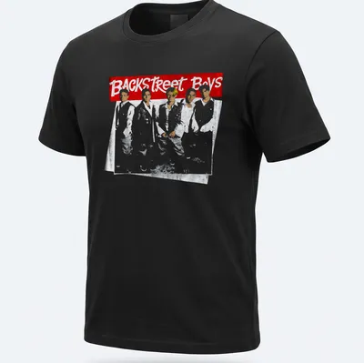 Retro t-shirt featuring Backstreet Boys text in red and white colors
