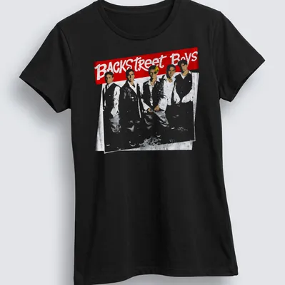 Retro t-shirt featuring Backstreet Boys text in red and white colors — printed on a women's shirt