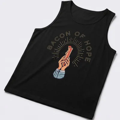 Vintage-style T-shirt with the phrase Bacon Of Hope and an illustration of bacon. — printed on a tank top