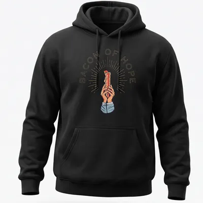 Vintage-style T-shirt with the phrase Bacon Of Hope and an illustration of bacon. — printed on a unisex hoodie