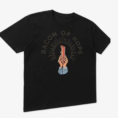 Vintage-style T-shirt with the phrase Bacon Of Hope and an illustration of bacon. — printed on a unisex t-shirt (angled view)
