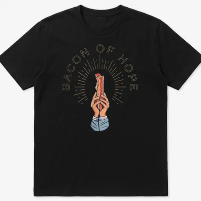 Vintage-style T-shirt with the phrase Bacon Of Hope and an illustration of bacon.