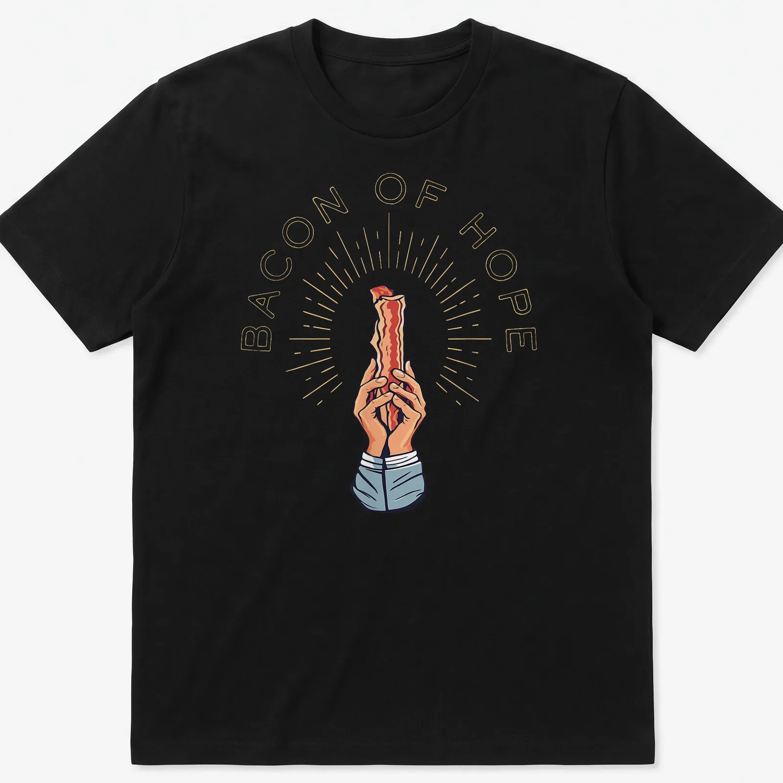 Vintage-style T-shirt with the phrase Bacon Of Hope and an illustration of bacon. — printed on a unisex t-shirt