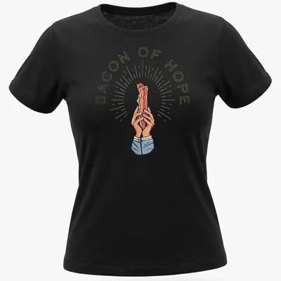 Vintage-style T-shirt with the phrase Bacon Of Hope and an illustration of bacon. — printed on a women's shirt