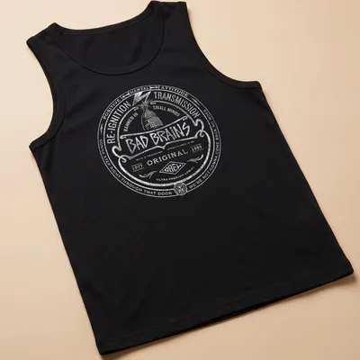 Black and white vintage style shirt featuring Bad Brains printed text in a circular design — printed on a tank top