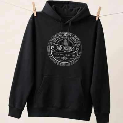 Black and white vintage style shirt featuring Bad Brains printed text in a circular design — printed on a unisex hoodie