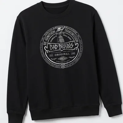 Black and white vintage style shirt featuring Bad Brains printed text in a circular design — printed on a unisex sweatshirt