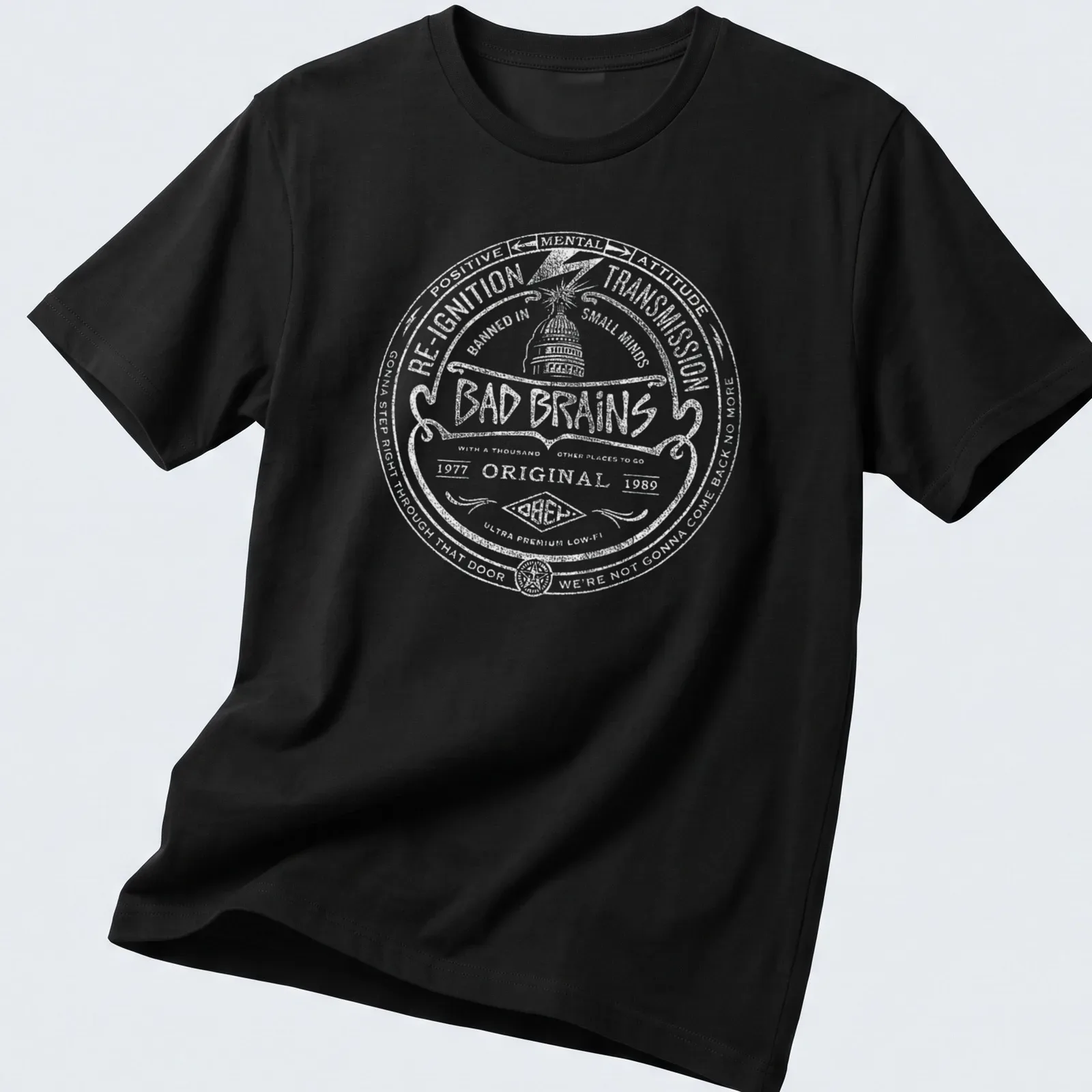 Black and white vintage style shirt featuring Bad Brains printed text in a circular design — printed on a unisex t-shirt