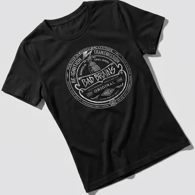 Black and white vintage style shirt featuring Bad Brains printed text in a circular design — printed on a women's shirt