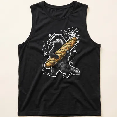 Playful Y2K-style cartoon badger holding a baguette in gold and white — printed on a tank top
