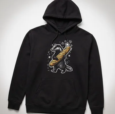 Playful Y2K-style cartoon badger holding a baguette in gold and white — printed on a unisex hoodie