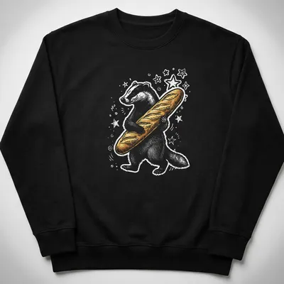 Playful Y2K-style cartoon badger holding a baguette in gold and white — printed on a unisex sweatshirt