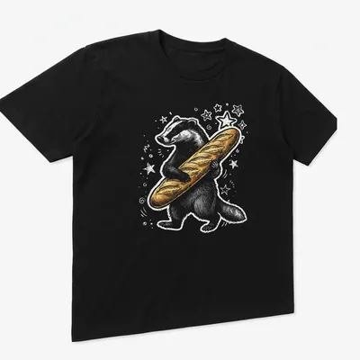 Playful Y2K-style cartoon badger holding a baguette in gold and white — printed on a unisex t-shirt (angled view)