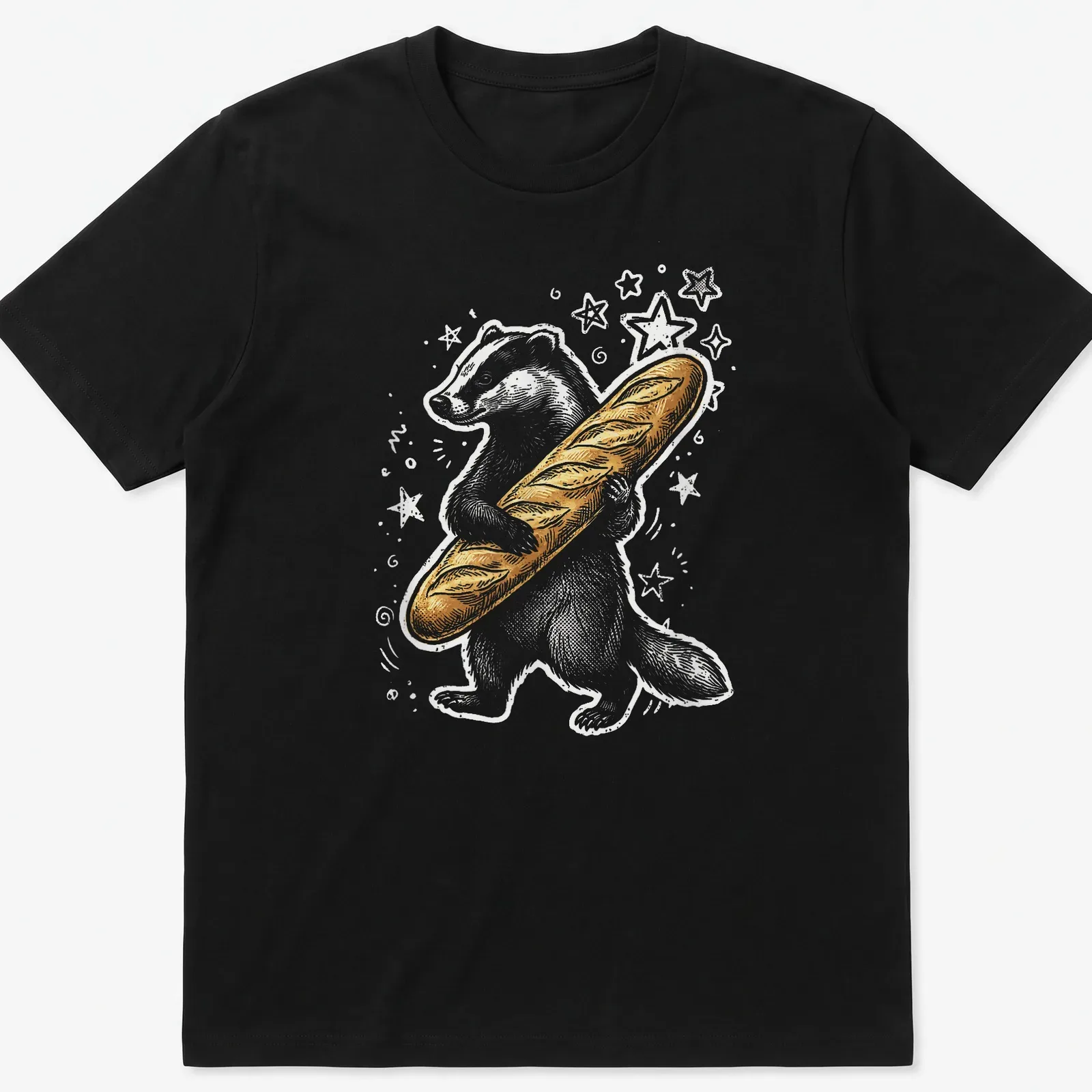Playful Y2K-style cartoon badger holding a baguette in gold and white — printed on a unisex t-shirt