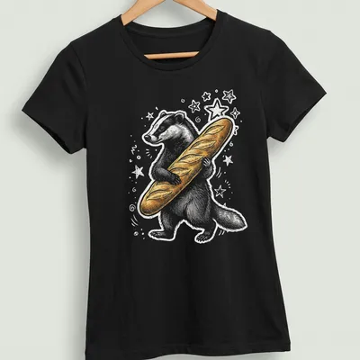 Playful Y2K-style cartoon badger holding a baguette in gold and white — printed on a women's shirt