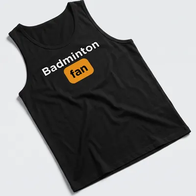 Bold typography Badminton Fan T-shirt in black, orange, and white — printed on a tank top