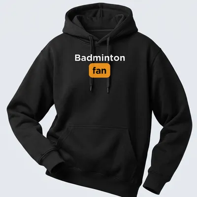 Bold typography Badminton Fan T-shirt in black, orange, and white — printed on a unisex hoodie