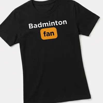 Bold typography Badminton Fan T-shirt in black, orange, and white — printed on a women's shirt