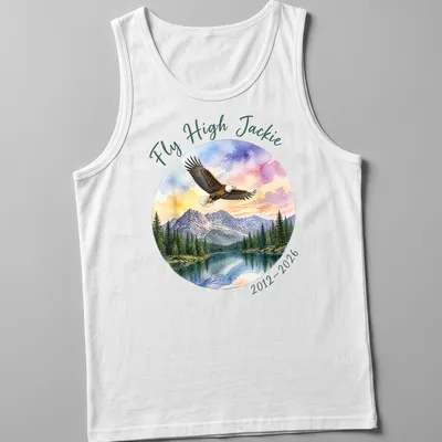 Watercolor print of a bald eagle with Fly High Jackie tribute text in colorful lettering — printed on a tank top