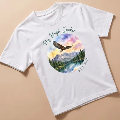 Watercolor print of a bald eagle with Fly High Jackie tribute text in colorful lettering