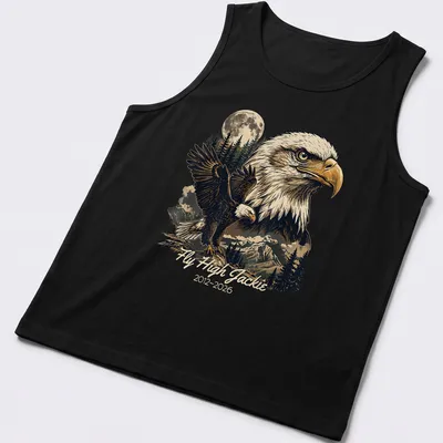 Vintage distressed t-shirt featuring a bald eagle and the text Fly High Jackie 2012-2026 — printed on a tank top