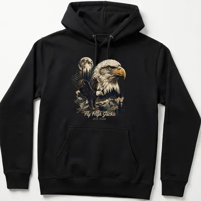 Vintage distressed t-shirt featuring a bald eagle and the text Fly High Jackie 2012-2026 — printed on a unisex hoodie