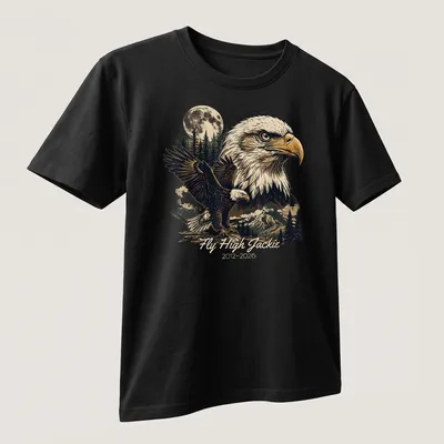 Vintage distressed t-shirt featuring a bald eagle and the text Fly High Jackie 2012-2026 — printed on a unisex t-shirt (angled view)