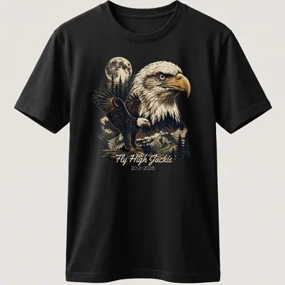 Vintage distressed t-shirt featuring a bald eagle and the text Fly High Jackie 2012-2026