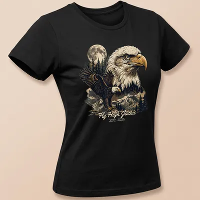 Vintage distressed t-shirt featuring a bald eagle and the text Fly High Jackie 2012-2026 — printed on a women's shirt