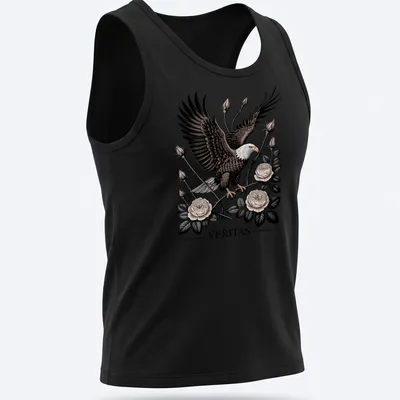 Tattoo style Bald Eagle surrounded by roses with 'VERITAS' text — printed on a tank top