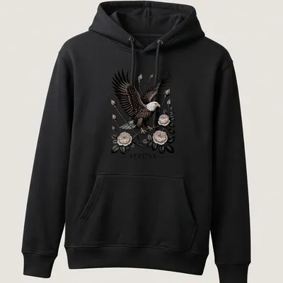 Tattoo style Bald Eagle surrounded by roses with 'VERITAS' text — printed on a unisex hoodie