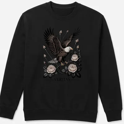 Tattoo style Bald Eagle surrounded by roses with 'VERITAS' text — printed on a unisex sweatshirt