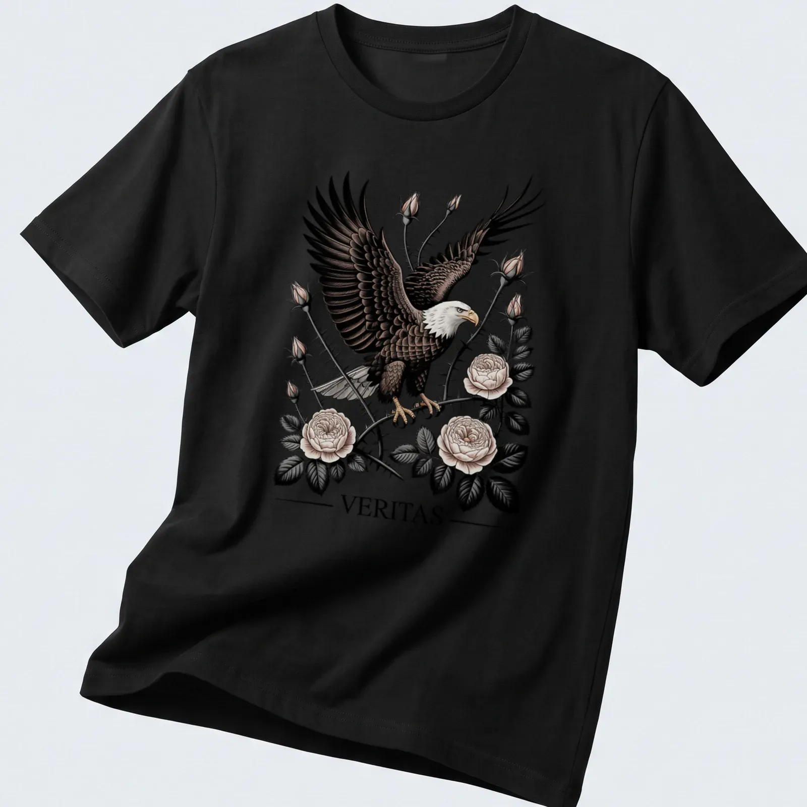 Tattoo style Bald Eagle surrounded by roses with 'VERITAS' text — printed on a unisex t-shirt