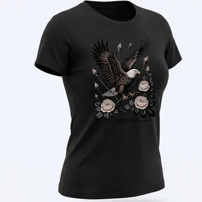 Tattoo style Bald Eagle surrounded by roses with 'VERITAS' text — printed on a women's shirt