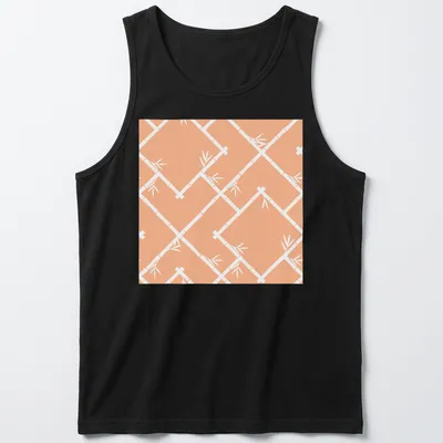 Chinoiserie style bamboo lattice pattern in peach and white on a — printed on a tank top