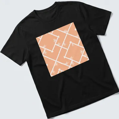 Chinoiserie style bamboo lattice pattern in peach and white on a T-shirt