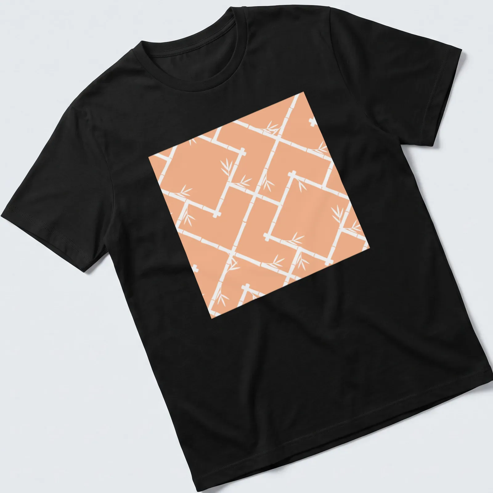 Chinoiserie style bamboo lattice pattern in peach and white on a — printed on a unisex t-shirt