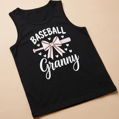 Line-art illustration of a baseball bat with a bow and text 'BASEBALL Granny' in red and white. — printed on a tank top