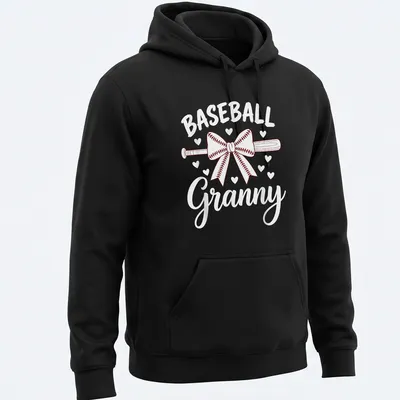 Line-art illustration of a baseball bat with a bow and text 'BASEBALL Granny' in red and white. — printed on a unisex hoodie