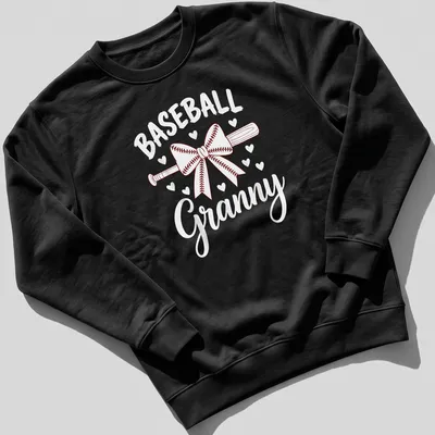 Line-art illustration of a baseball bat with a bow and text 'BASEBALL Granny' in red and white. — printed on a unisex sweatshirt