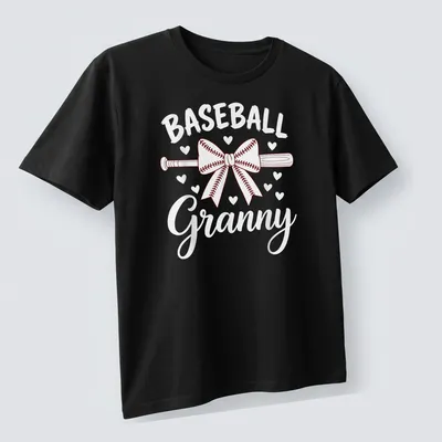 Line-art illustration of a baseball bat with a bow and text 'BASEBALL Granny' in red and white. — printed on a unisex t-shirt (angled view)