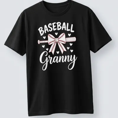Line-art illustration of a baseball bat with a bow and text 'BASEBALL Granny' in red and white. — printed on a unisex t-shirt