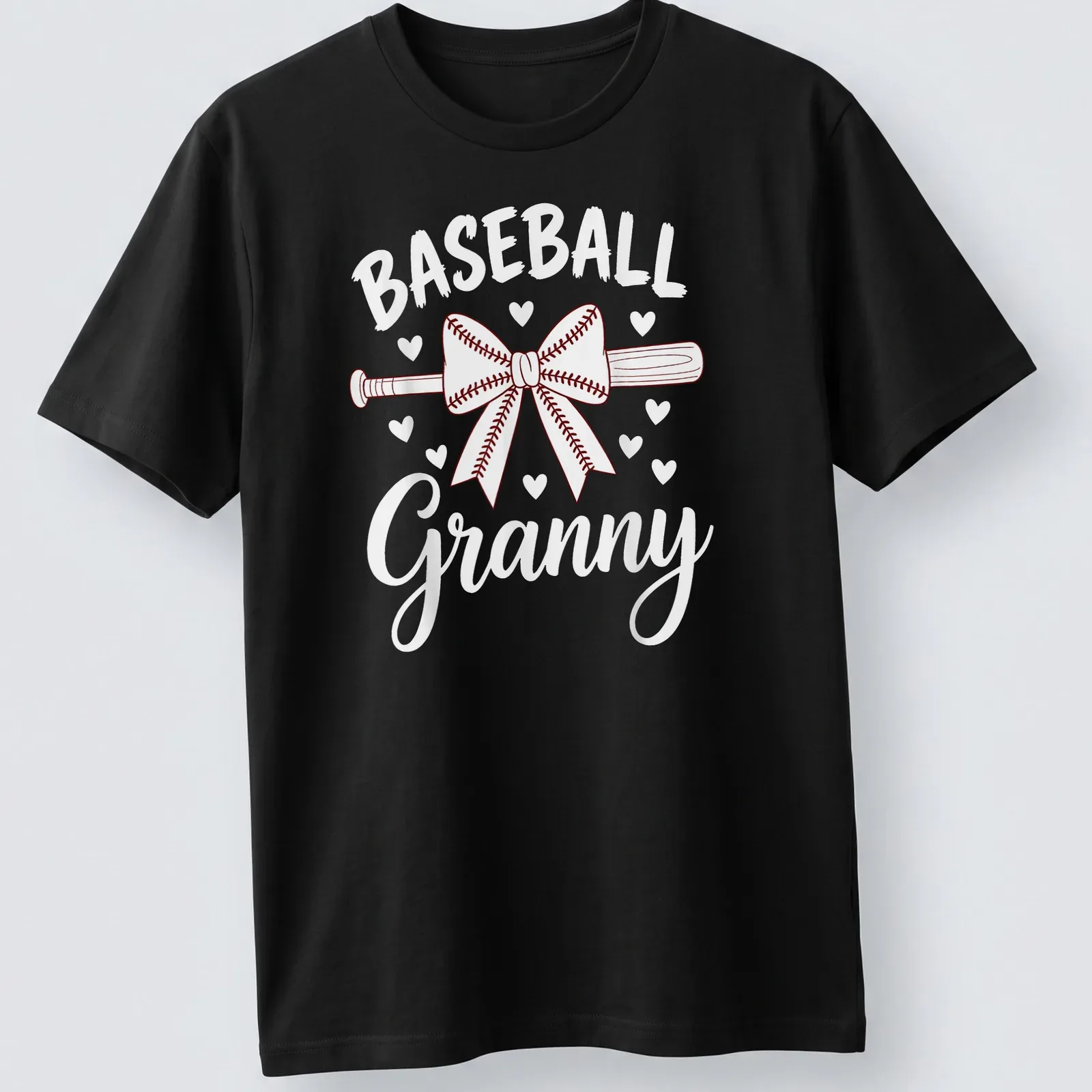 Line-art illustration of a baseball bat with a bow and text 'BASEBALL Granny' in red and white. — printed on a unisex t-shirt